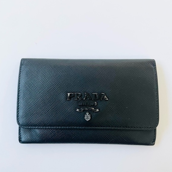 Prada Black Saffiano Leather Bi fold wallet card case logo embellished - Picture 1 of 12